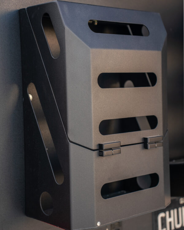 Close-up of custom-made lockable black powder-coated jerry can holder by Concept Canopies